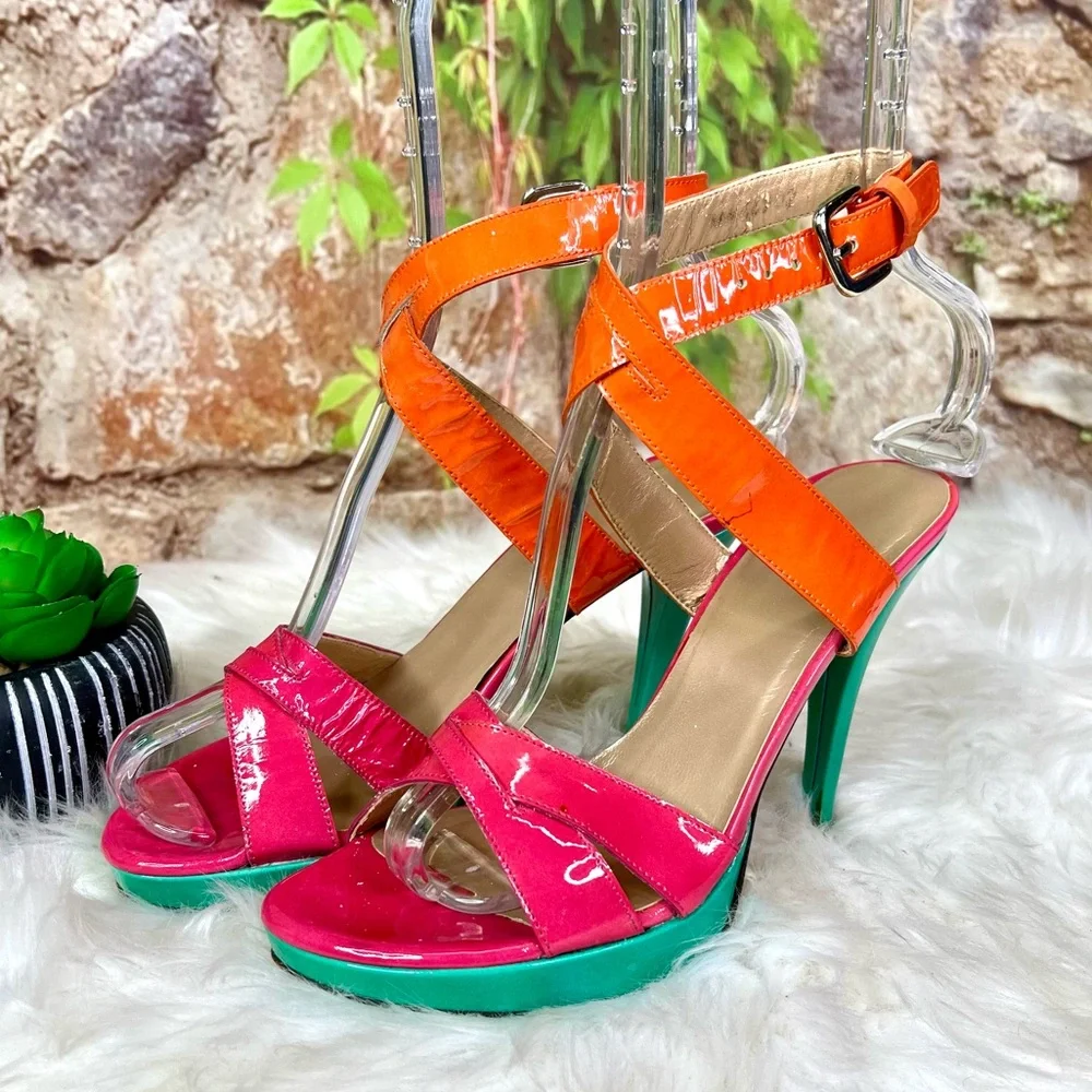 STUART WEITZMAN Patent Leather Multicolor Strappy Platform Sandals, 6.5 - Picture 2 of 15
